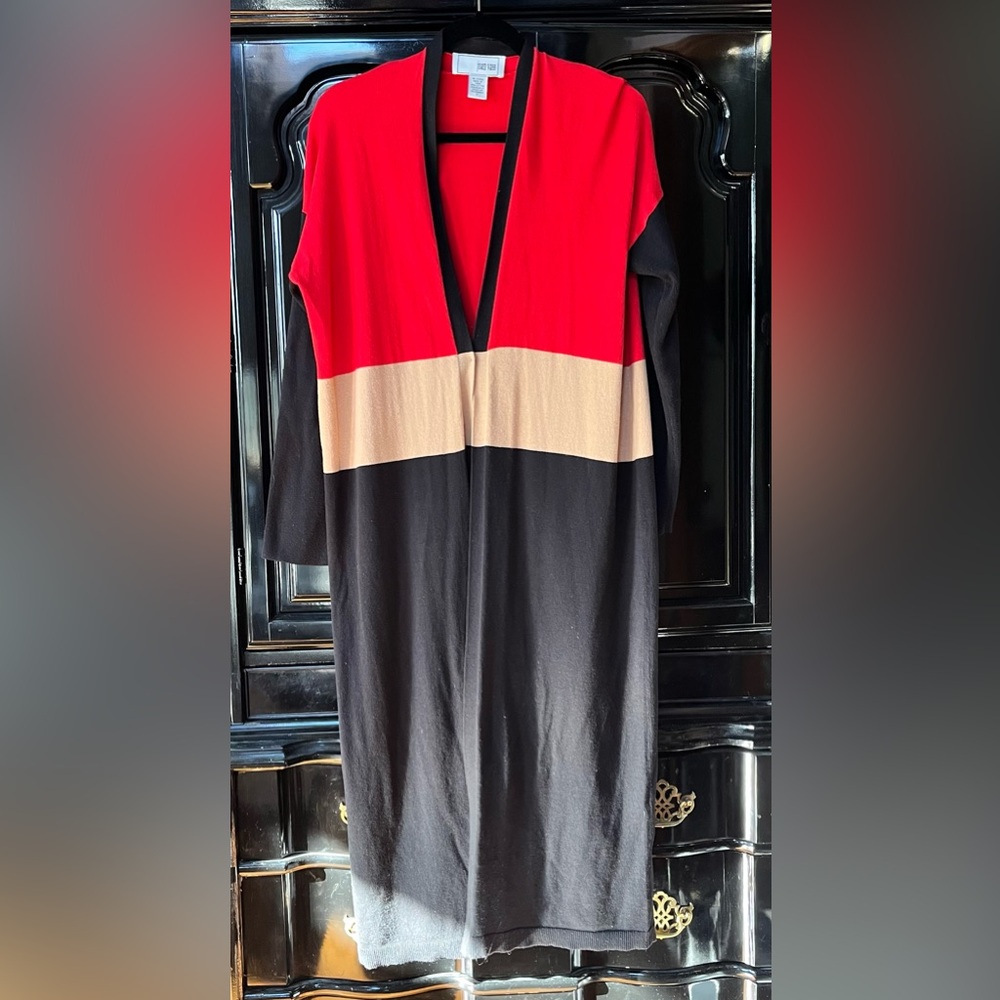 Joan Vass Red & Black Colorblock Duster Cardigan size Medium